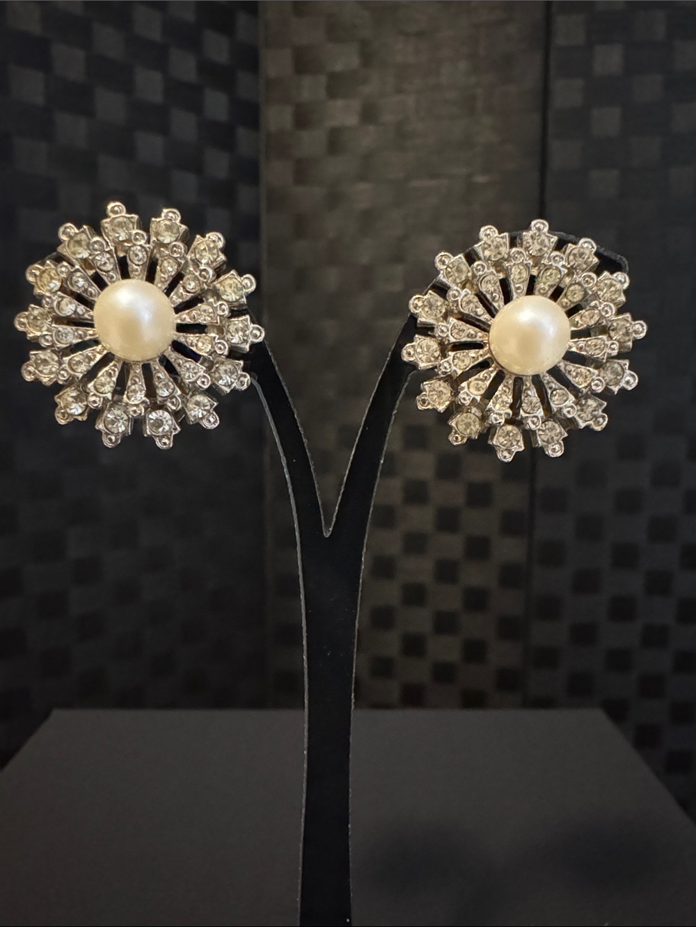 Vintage Silver-Tone Pearl & Crystal Sunburst Stud Earrings
